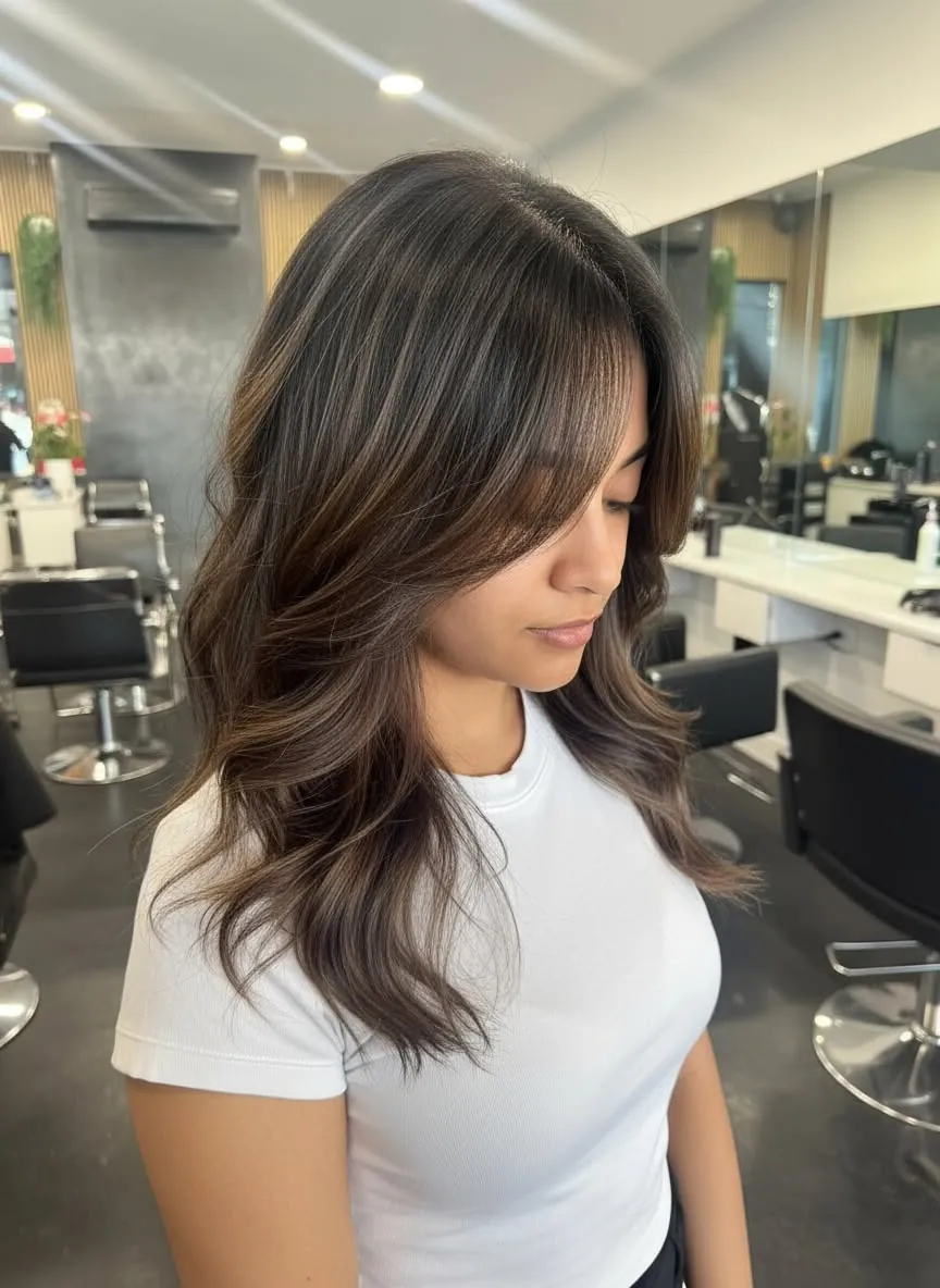 Dimensional brunette colour with a glossed finish, Rokk Ebony Malvern.