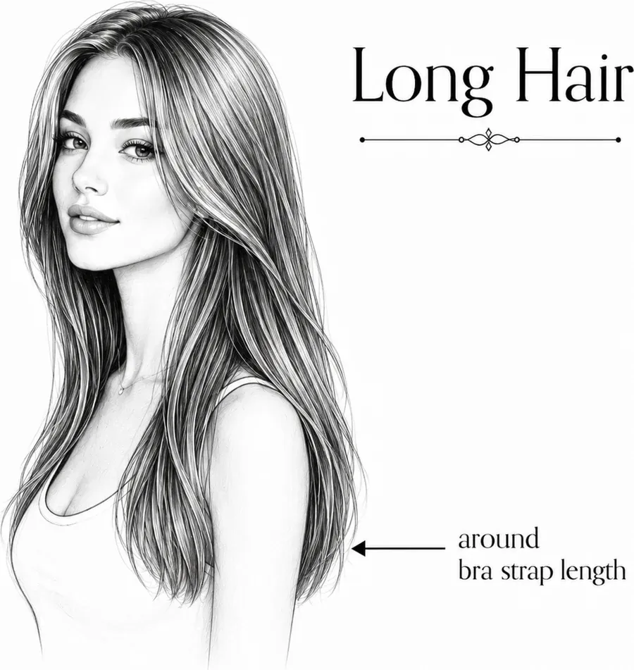 Diagram showing long hair length, around bra-strap length