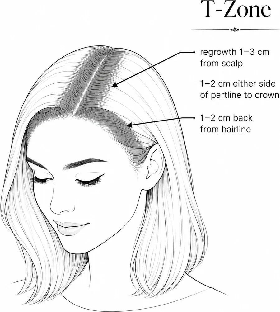 Diagram showing T-zone colour through the parting and front hairline
