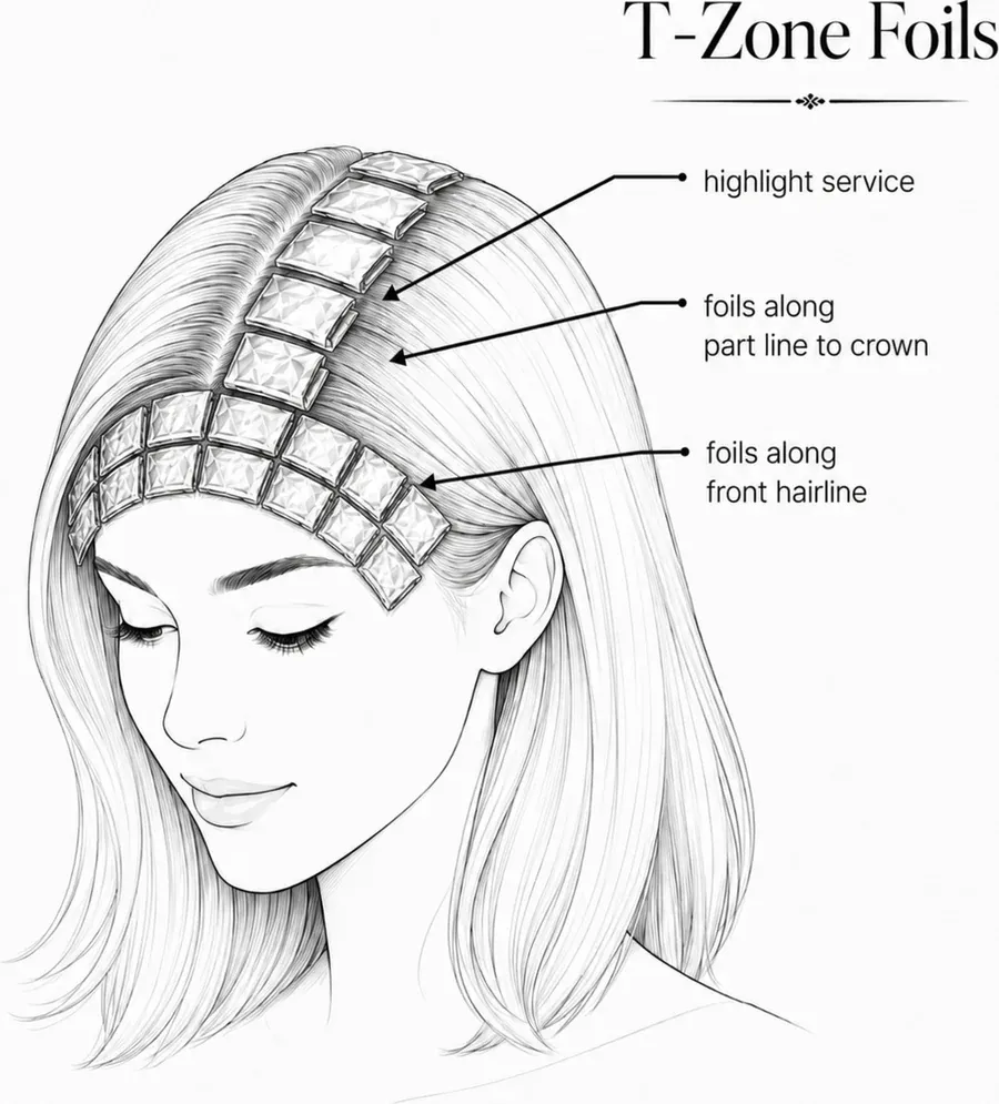 Diagram showing face line and quarter head foils along the front hairline and part line