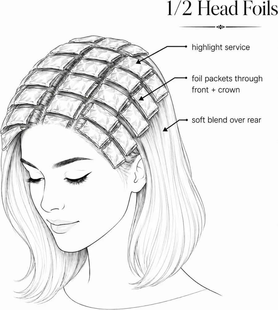 Diagram showing half head foils through the front and crown with a soft blend over the rear