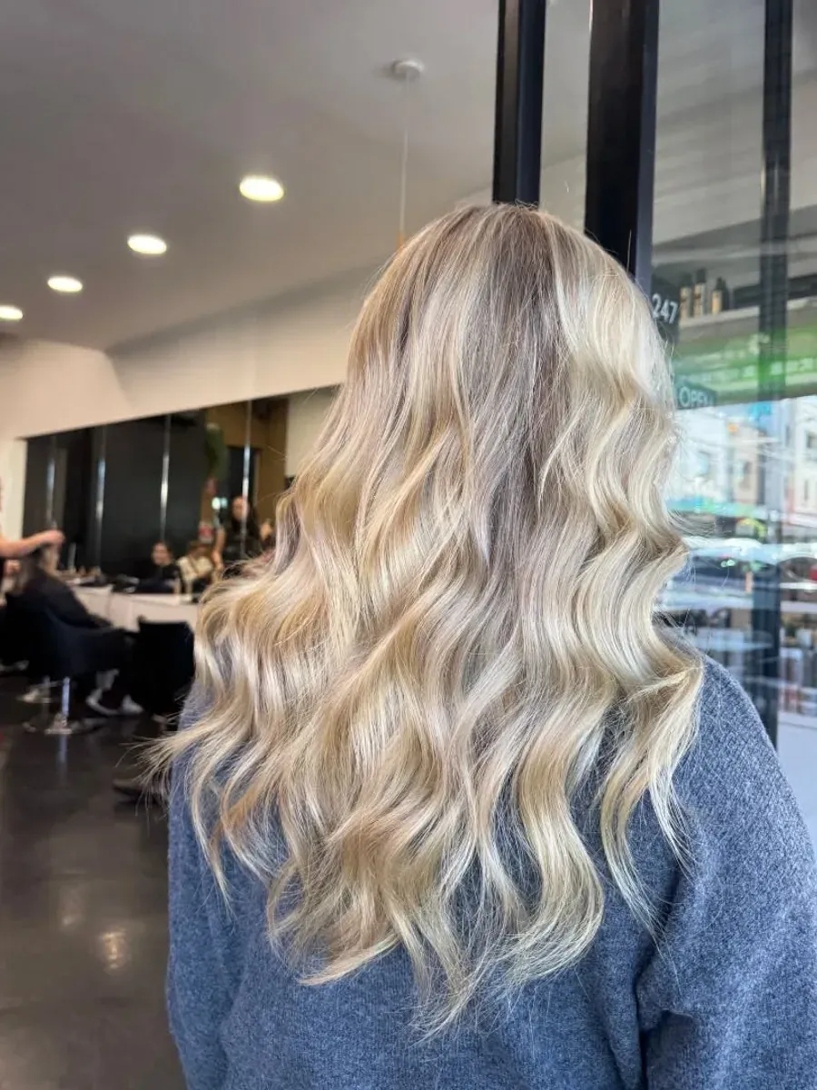 Blonde balayage through the mid-lengths and ends, Rokk Ebony Malvern.