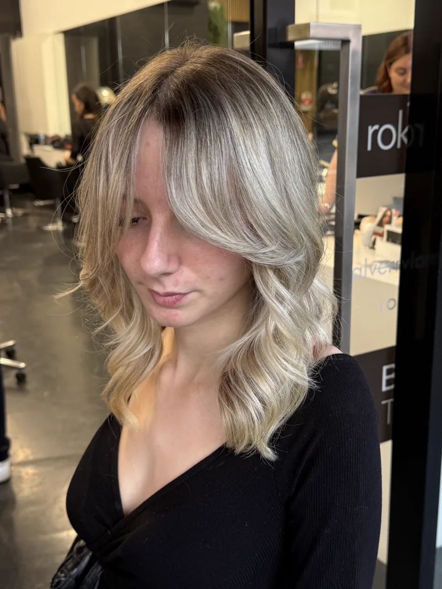 Blonde lob with soft waves through the ends, Rokk Ebony Malvern.