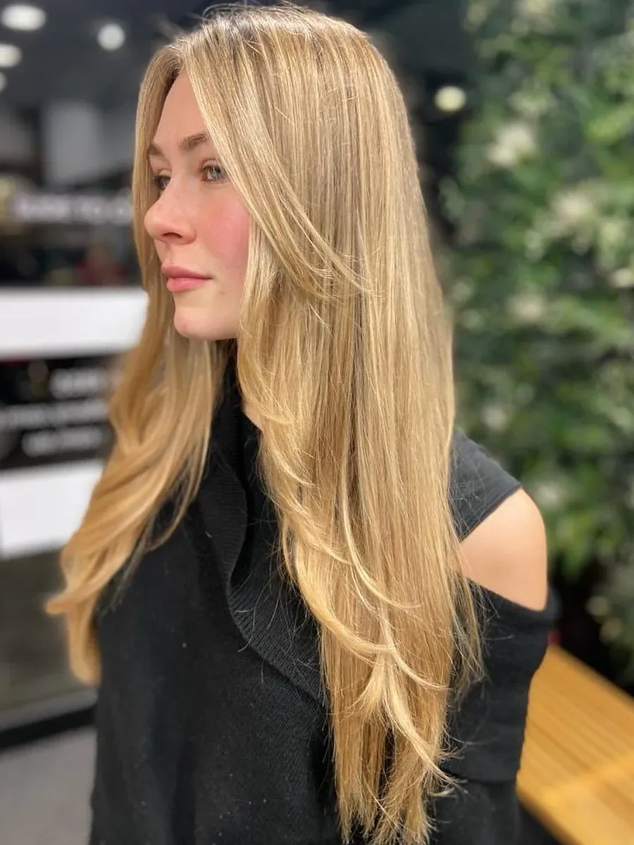 Long golden blonde with long layers through the front, Rokk Ebony Malvern.